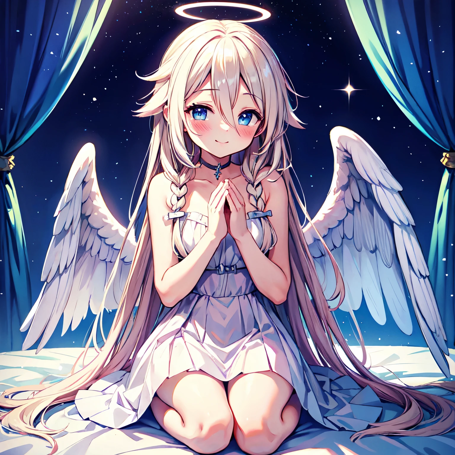 IA、White angel wings、sheer white dress、Angel halo on head、heaven、I pray、smile、blush、Sitting