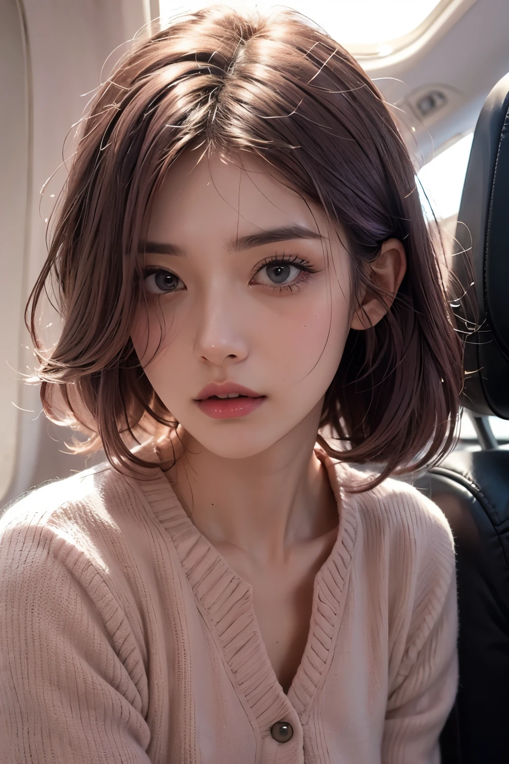 A angry mommy with long light pink soft purple hair, perfect smallest plane booba , good quality, detailed beauty face,