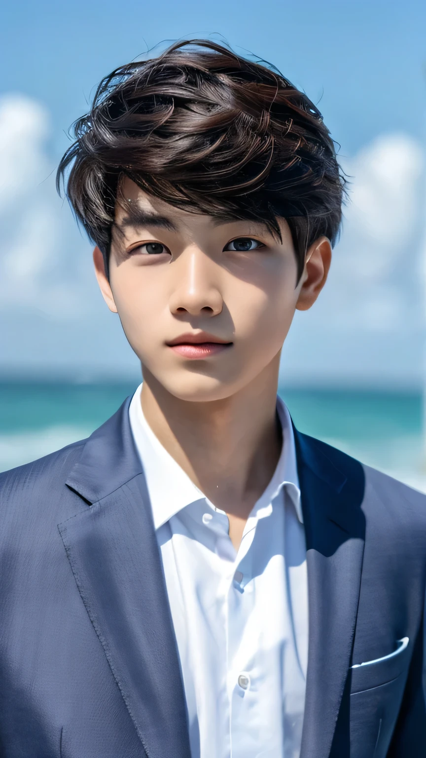 Highest quality, masterpiece, Ultra-high resolution, (Realistic: 1.4), Original photo, wallpaper, Head Photo, skin, Simple Background, Iris, detailed, Selfie, 1 boy, 18-year-old, good looking, Wind,suit、Ocean