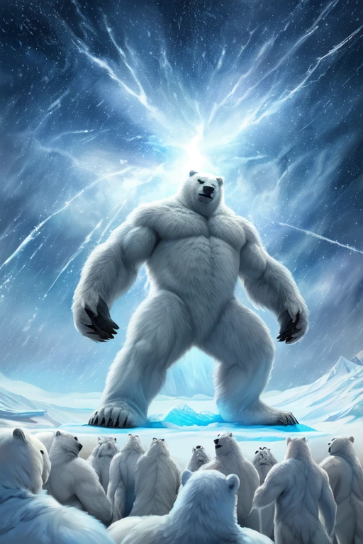 (((There is a group of forty-nine polar bears in this image, just white fur,  ))) 49 Polar bear stands looking at the sky Medium muscular, frozen planet setting, snowstorm , zoomed in on crotch, , chunie, darkgem, martepiece, dynamic photography.