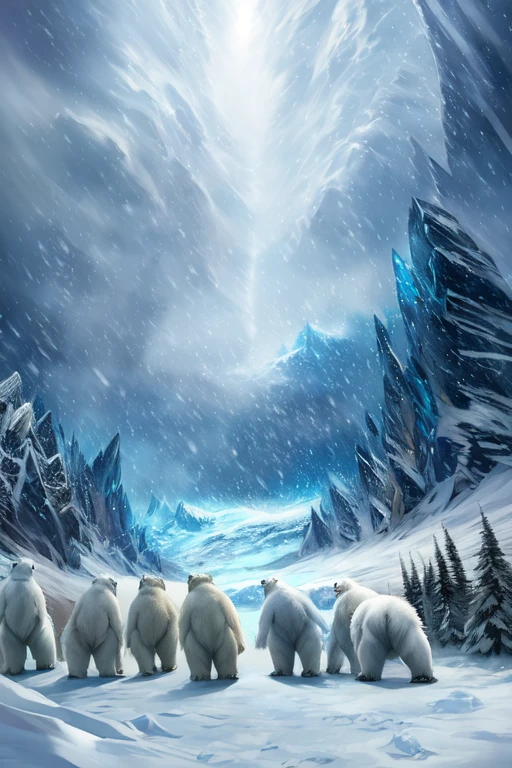 (((There is a group of forty-nine polar bears in this image, just white fur,  ))) 49 Polar bear stands looking at the sky Medium muscular, frozen planet setting, snowstorm , zoomed in on crotch, , chunie, darkgem, martepiece, dynamic photography.