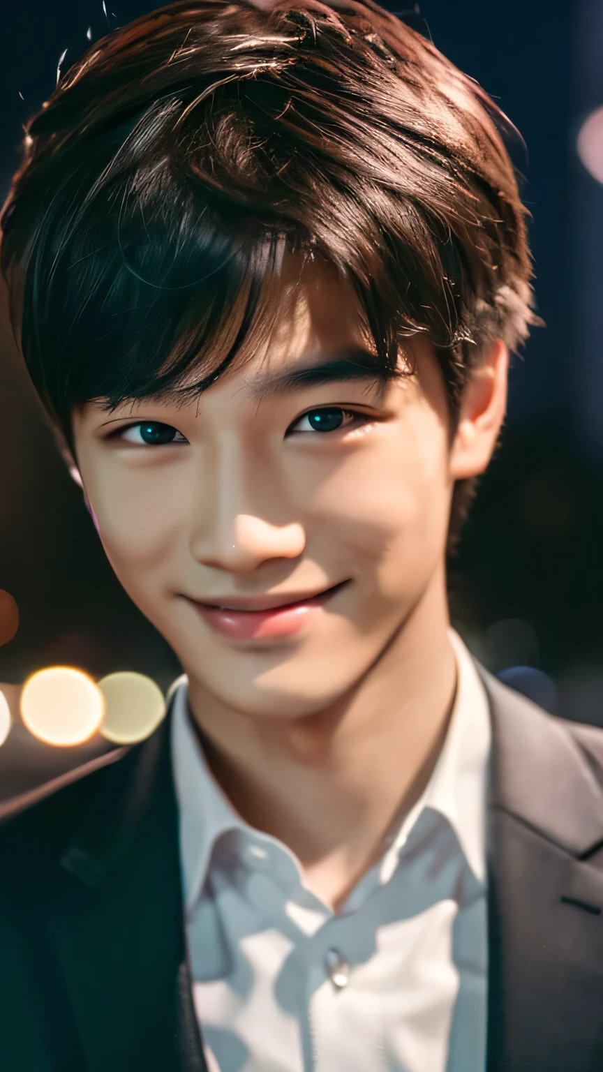 Highest quality, masterpiece, Ultra-high resolution, (Realistic: 1.4), Original photo, wallpaper, Head Photo, skin, Simple Background, Iris, detailed, Selfie, 1 boy, 18-year-old, good looking, Wind,suit、night、smile