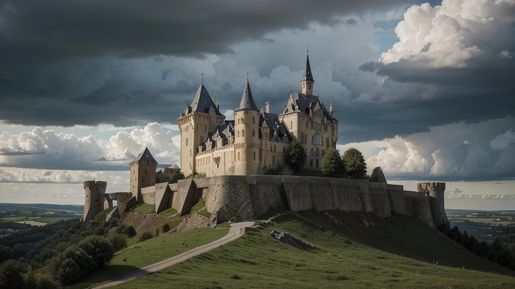 create a realistic image of a dark medieval landscape with a medieval French castle with mighty walls with a portico on a hill in the center and a slightly cloudy sky