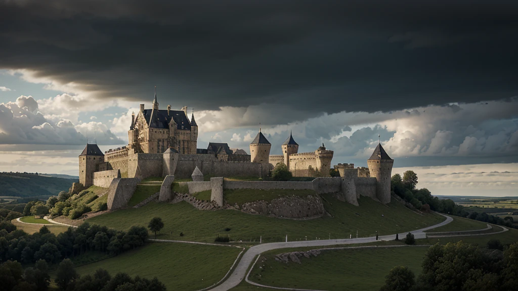 create a realistic image of a dark medieval landscape with a medieval French castle with mighty walls with a portico on a hill in the center and a slightly cloudy sky