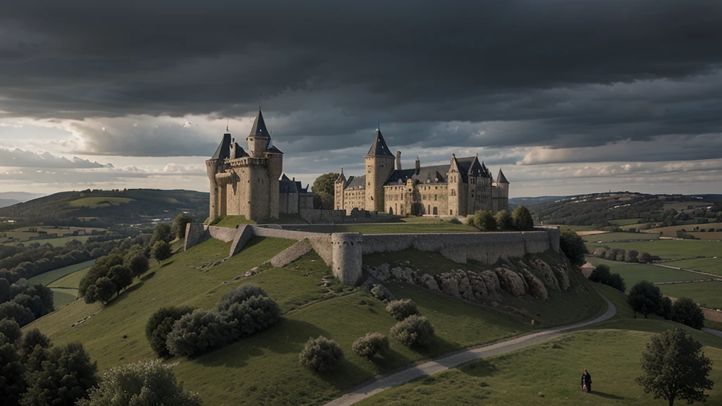 create a realistic image of a dark medieval landscape with a medieval French castle with mighty walls with a portico on a hill in the center and a slightly cloudy sky