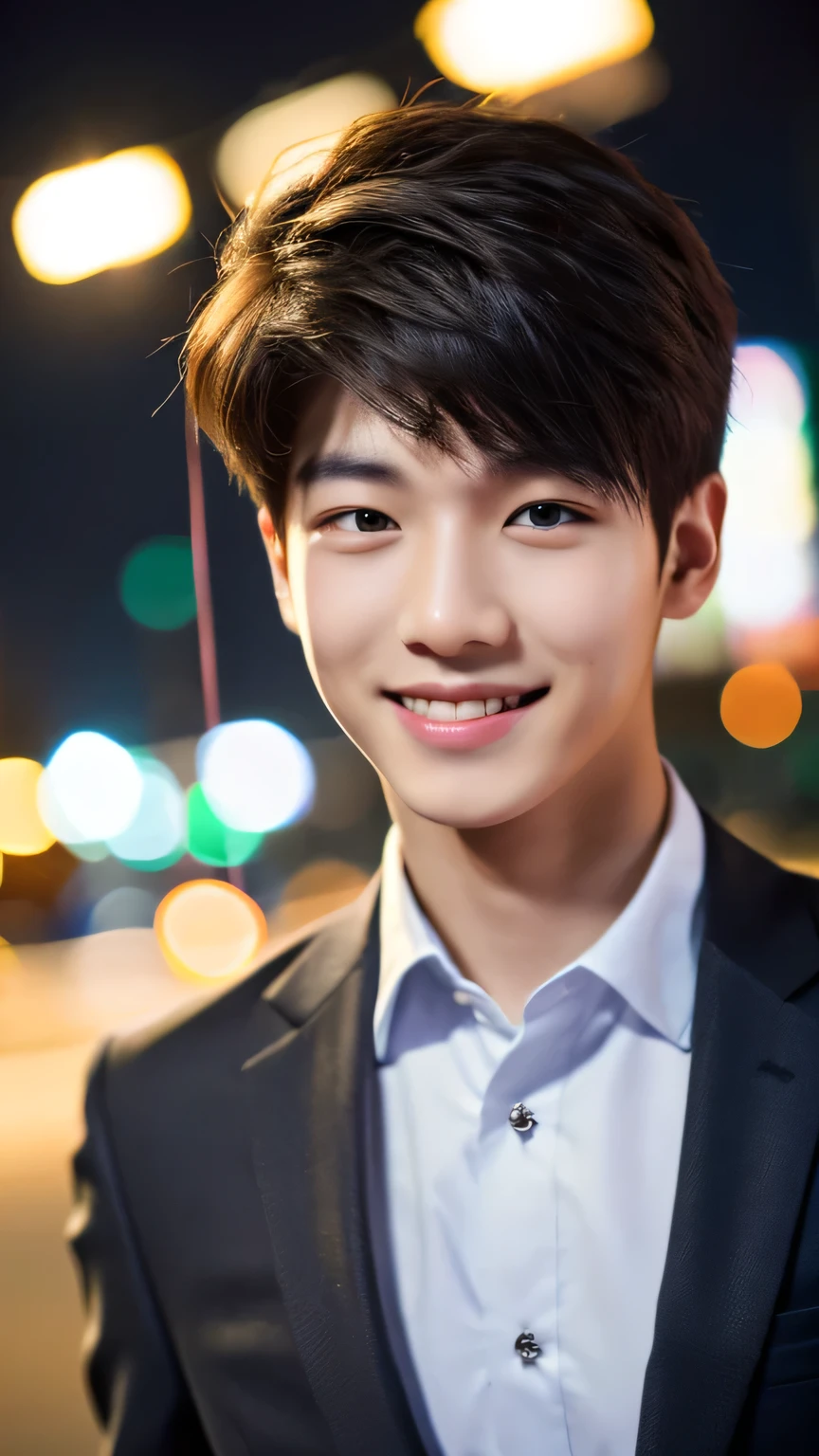 Highest quality, masterpiece, Ultra-high resolution, (Realistic: 1.4), Original photo, wallpaper, Head Photo, skin, Simple Background, Iris, detailed, Selfie, 1 boy, 18-year-old, good looking, Wind,suit、night、smile