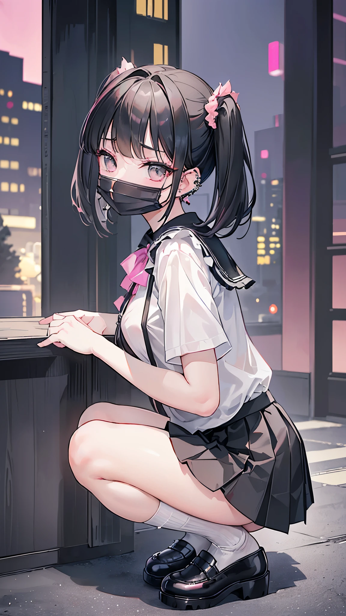 (masterpiece、Highest quality、Very detailed))、One girl、Black Hair、short hair、twintails、blunt bangs、Grey Eyes、((Black surgical mask))、((lots of piercing))、((Moderate breasts))、((Pink ruffled blouse))、Short sleeve、((Black pleated skirt))、((miniskirt))、whitesocks、Black platform shoes、squat、Take a picture from the side、((night))、Downtown background
