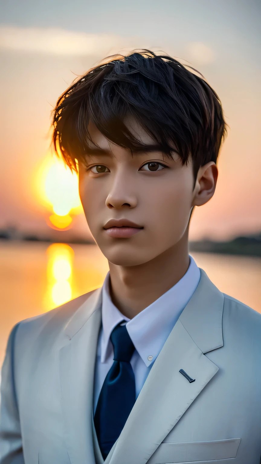 Highest quality, masterpiece, Ultra-high resolution, (Realistic: 1.4), Original photo, wallpaper, Head Photo, skin, Simple Background, Iris, detailed, Selfie, 1 boy, 18-year-old, good looking, Wind,suit、Sunset