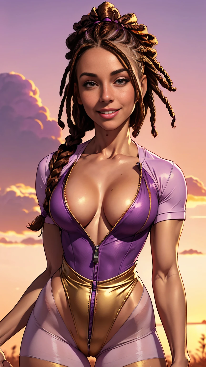((caucasian woman with dark brown dreadlocks hairstyle)), medium sized breasts, cleavage, ((unzipped pastel bleached violet cotton short sleeve unitard opened to waist)), partially nude, toned body, chest close up, torso view, smile, ((golden hour)), red sky, wasteland
