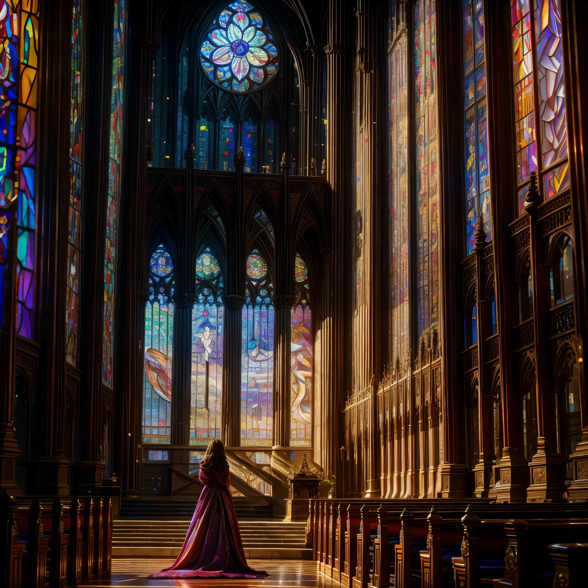 Red carpet (Cathedral from below:1.28) VolumetricLighting (FullBody ZoomedOut:1.28 Wide-shot) ZoomLayer (BokeH:1.32), TopQuality 8K masterpiece of ((Professional photo)), (((Clarisse de Cagliostro))) (Detailed Delicate White Dresses), Chain, Extremely detailed (KAWAII face) {(VeiledFace)|BlondeHair|(Spanking BuleEyes)}, The background is distant (((Elaborate stained glass))) Rainbow Glass, (MysticSight) {(GodRays)|Haze|TyndallEffect}, Radiant PearlSkin with Transparency, (Exposed:0.38)