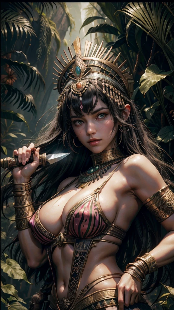 1 adult welsh woman, green eyes, black hair flaps, portrait, solo, upper body, looking at viewer, detailed background, detailed face,  OldEgyptAI, ancient egyptian theme,  feral jungle warrior, pink tribal clothing, obsidian, defensive stance, stone knife, bushes, poisonous plants, rocks,  humid climate, darkness, cinematic atmosphere,
dark chamber, dim light (zentangle, mandala, tangle, entangle:0.6), 
(35mmstyle:1.1), front, masterpiece, 1970s film, , cinematic lighting, photorealistic, high frequency details, 35mm film, (film grain), film noise,