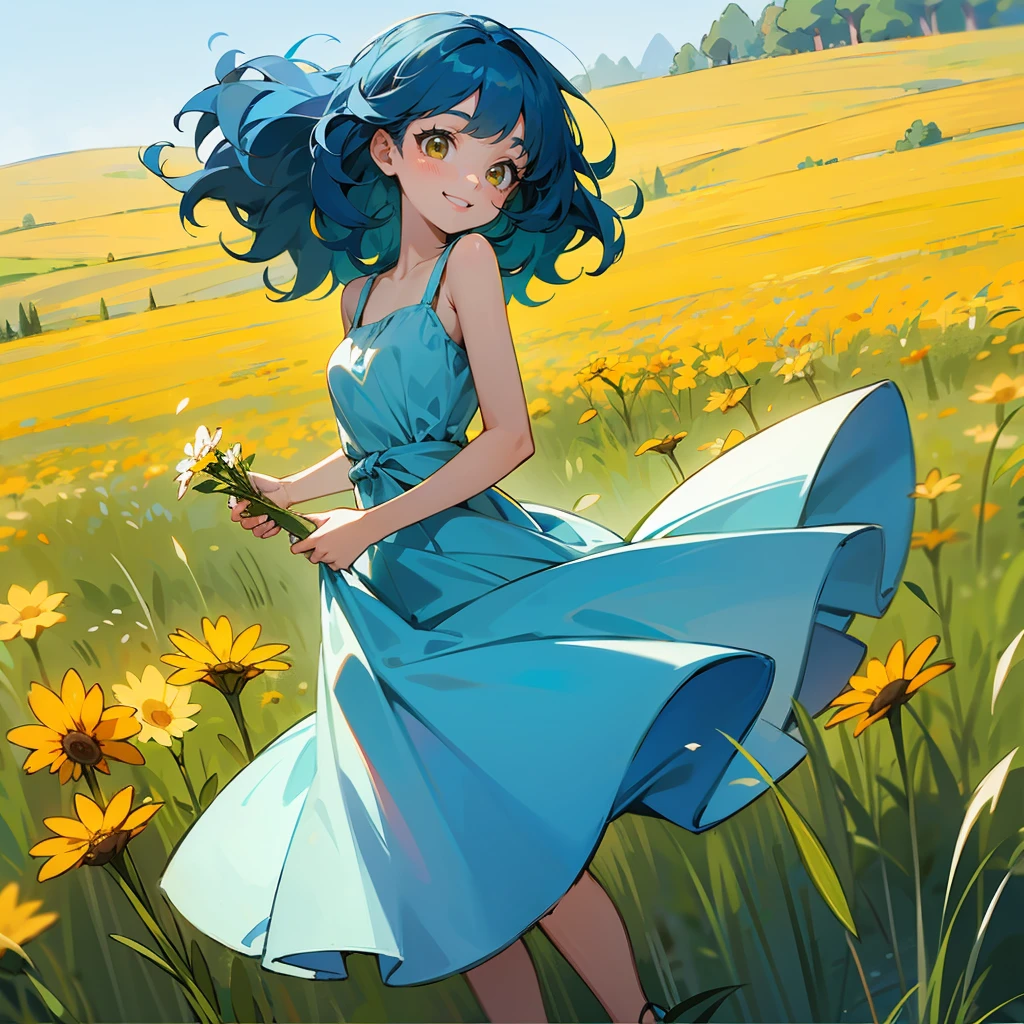 1female, Blue Hair, Yellow Sundress, Wavy Hair, White Sandals, Casual Attire, Hazel Eyes, Smiling, Slim, Young Female, Meadow, Picking Flowers