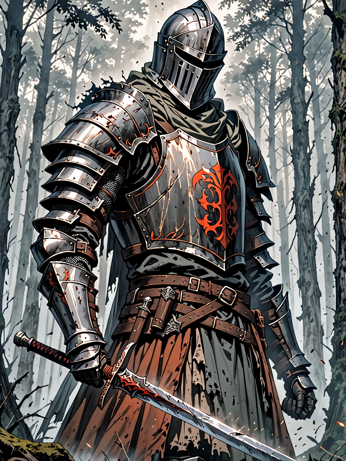 solo male knight, ancient and worn down armor, faceless, tattered clothes, misty forest, wielding a western sword, close up, chivalrous, noble, scary