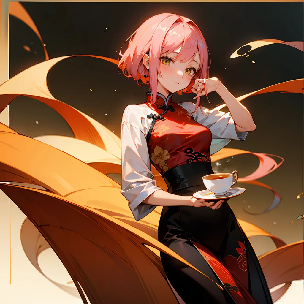 1female, Pink Hair, Red Cheongsam, Straight Hair, Black Flats, Traditional Chinese Attire, Amber Eyes, Calm Expression, , Adult Female, Tea House, Pouring Tea