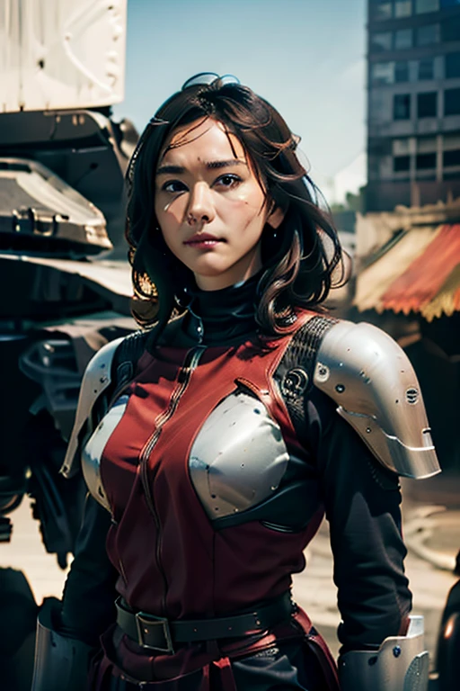 A still from a film showing a female mech pilot standing in front of her (Large combat mech:1.3), Sci-Fi Armor, military base, Strong winds, Sci-fi helmet in hand, visor, Detailed eyes, dry skin, Skin fuzz, Visible skin hair, Skin blemishes ,, Shallow depth of field, Vignette, Very detailed, big budget hollywood movie, Bokeh, CinemaScope, Sulky, amazing, nice, Film Grain