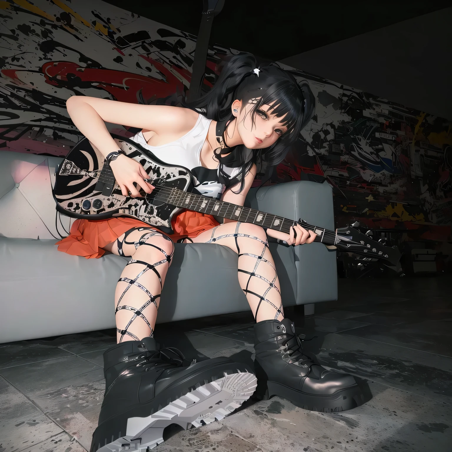 There is a woman sitting on the sofa,holding guitar in hand, Play the guitar, the guitar player, This girl plays the guitar, rock out, anime styled 3d, Punk Girl, Play the guitar, guitar solo, Urban girl fan art, e-girl, e-girl, anime style. 8k, Epic 3D abstract mood girl, dreamy rock girl, Emotional Hardcore Anime Girl