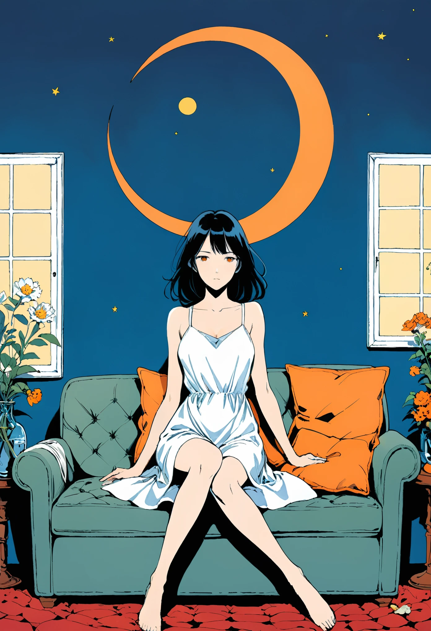 in style of Frank Miller,in style of Gary Grayson,in style of Quentin Blake,
1girl,indoors,long white dress,white head flowers,lie back on the couch,(relaxed body posture:1.5),long black hair,crossed_legs,
the background is a blue room with an orange false crescent,square windows,night,front view,(cowboy_shot:1.2),eyes_focus,(minimalist style illustration:1.4),(dynamic_pose:1.2),(fabric sofa:1.3),tilt your head,