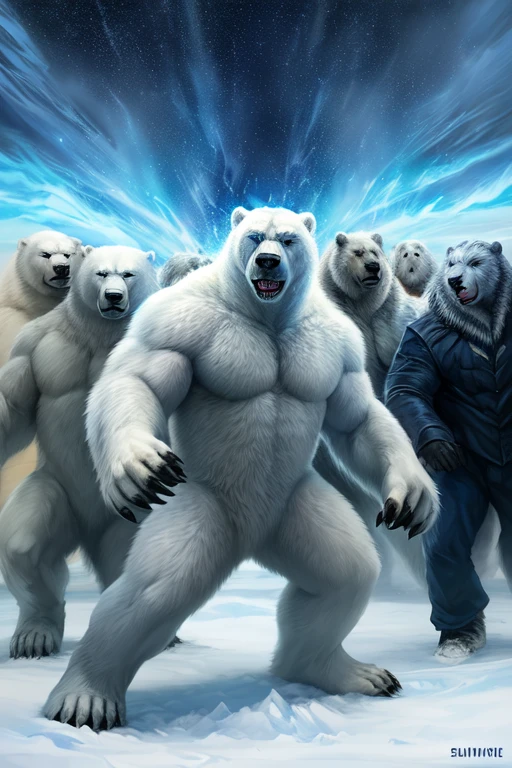 (((There is a group of forty-nine polar bears in this image, just white fur, furious, Sauvage, aggressive, extinto  Sauvage ))) 49 Polar bear stands looking at the sky Medium muscular, frozen planet setting, snowstorm , zoomed in on crotch, , chunie, darkgem, martepiece, dynamic photography.