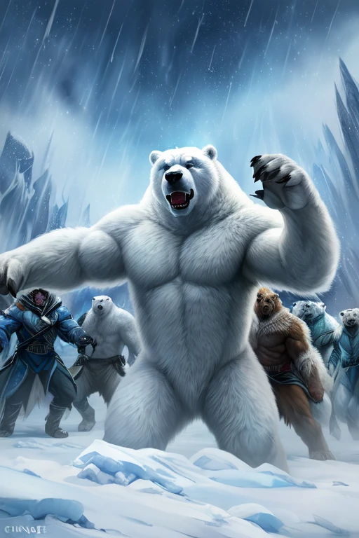 (((There is a group of forty-nine polar bears in this image, just white fur, furious, Sauvage, aggressive, extinto  Sauvage ))) 49 Polar bear stands looking at the sky Medium muscular, frozen planet setting, snowstorm , zoomed in on crotch, , chunie, darkgem, martepiece, dynamic photography.