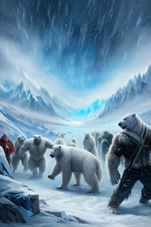 (((There is a group of forty-nine polar bears in this image, just white fur, furious, Sauvage, aggressive, extinto  Sauvage ))) 49 Polar bear stands looking at the sky Medium muscular, frozen planet setting, snowstorm , zoomed in on crotch, , chunie, darkgem, martepiece, dynamic photography.