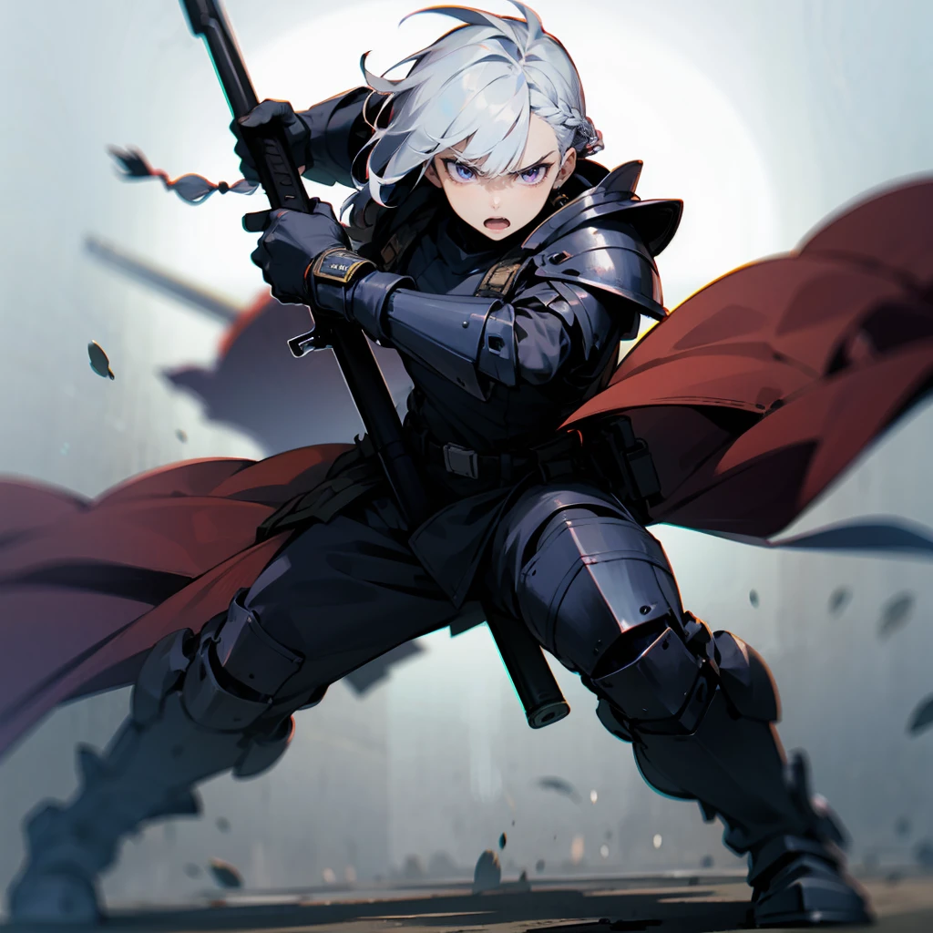 1male, Silver Hair, Blue Combat Armor, Braided Hair, Black Boots, Military Gear, Purple Eyes, Angry Expression, Tall, Adult Male, Battlefield, Holding a Rifle
