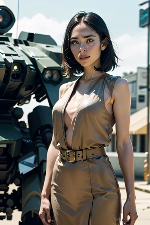 A still from a film showing a female mech pilot standing in front of her (Large combat mech:1.3), Sci-Fi Armor, military base, Strong winds, Sci-fi helmet in hand, visor, Detailed eyes, dry skin, Skin fuzz, Visible skin hair, Skin blemishes ,, Shallow depth of field, Vignette, Very detailed, big budget hollywood movie, Bokeh, CinemaScope, Sulky, amazing, nice, Film Grain