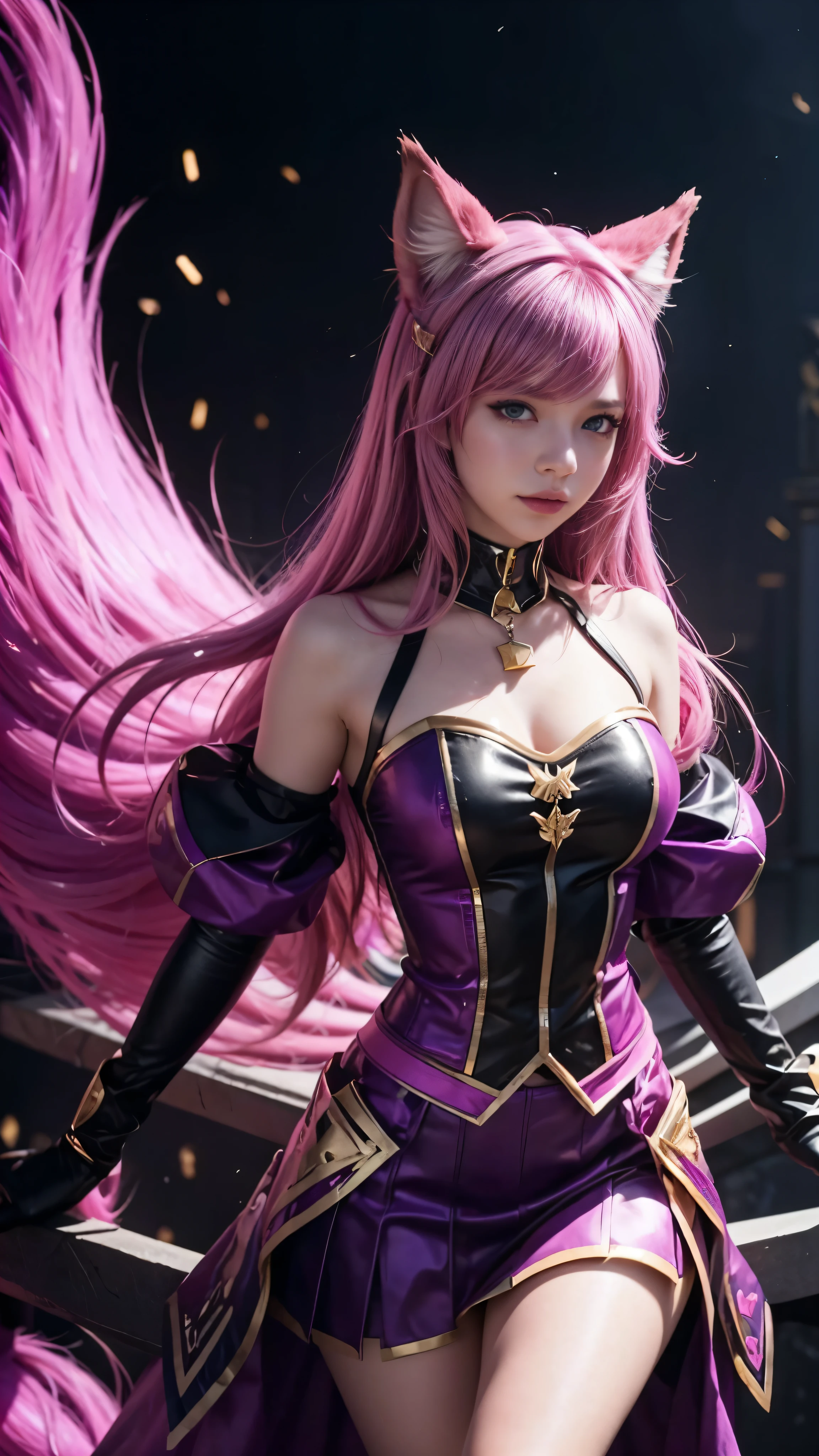 game character (k/da all out Ahri), Ahri \(League of Legends\), from league of Legends, adolescent, animal ears, Alone, fox ears, by the wide, by rubio, handshake, blue eyes, Idol, face mask, looking at the viewer, gloves, pink hair, fingerless gloves, mustache, make up, Lips, Skirt, Hair Accessories, 18k, full hd, High detail, music room background.