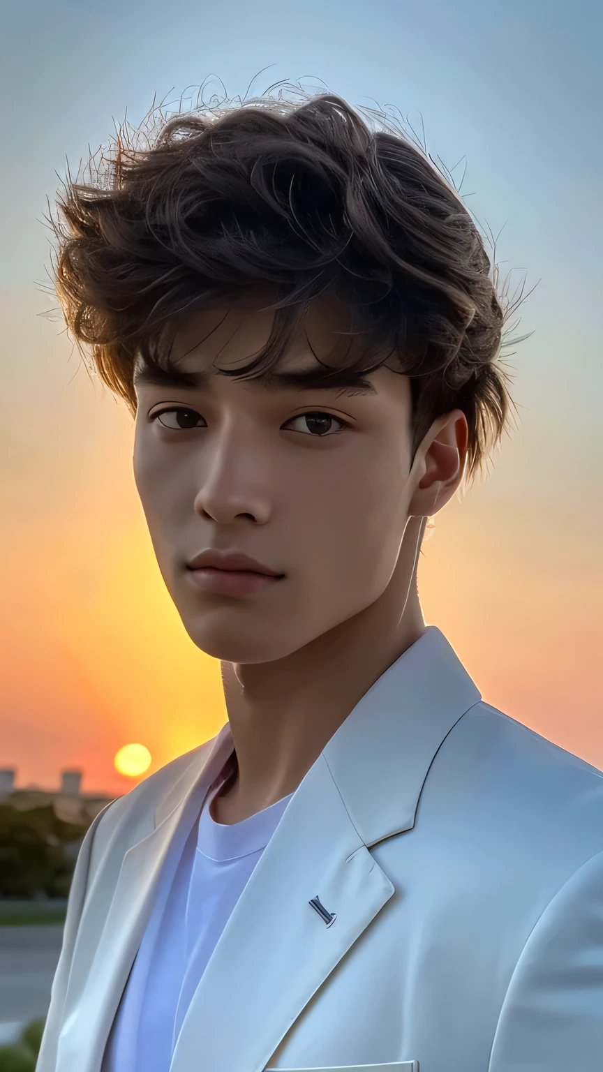 Highest quality, masterpiece, Ultra-high resolution, (Realistic: 1.4), Original photo, wallpaper, Head Photo, skin, Simple Background, Iris, detailed, Selfie, 1 boy, 18-year-old, good looking, Wind,suit、Sunset