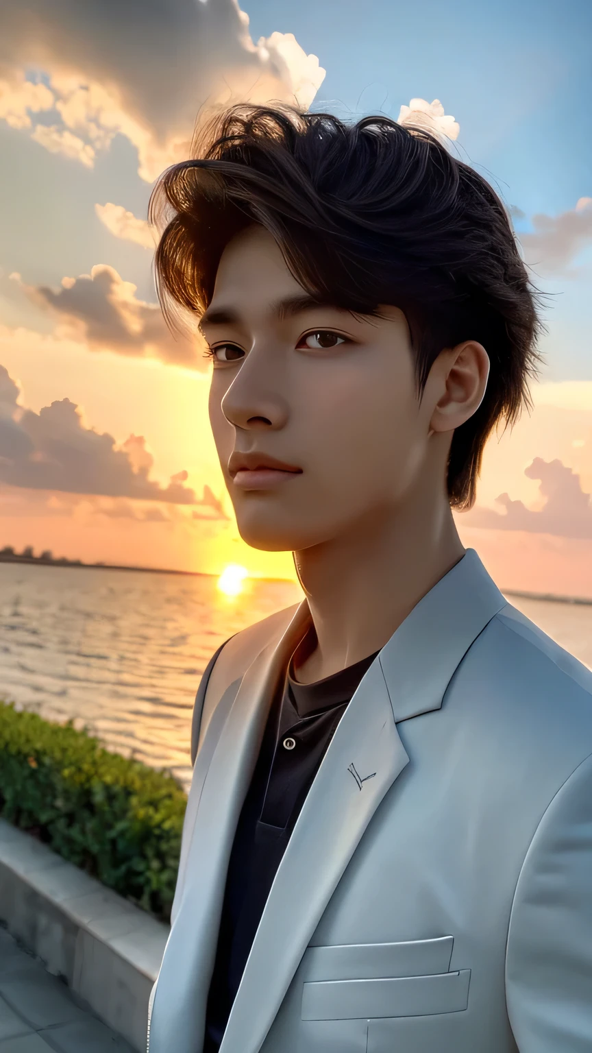 Highest quality, masterpiece, Ultra-high resolution, (Realistic: 1.4), Original photo, wallpaper, Head Photo, skin, Simple Background, Iris, detailed, Selfie, 1 boy, 18-year-old, good looking, Wind,suit、Sunset