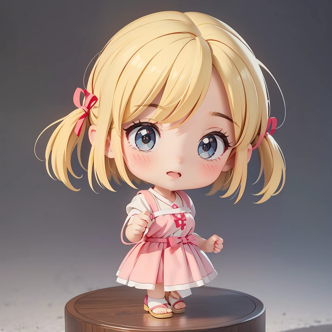 Super Chibi Character:1.8、wearing cute sandals、All-over simple and light color background:1.8、Blonde Hair、Cute 7 year old girl、Random cute outfits、Short legs、Sandals with ribbon、Looks like fun:1.8、A fun pose:1.8