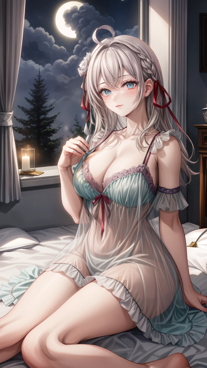 Enjoy perfection as you watch Alisa Mikhailovna Kujou resting peacefully on a high-quality bed., adorned with a beautiful nightgown, with impeccable anatomy, while the soft moonlight streaming through the window adds a touch of magic to this stunning 4K image, free of any distortion that could detract from its beauty."