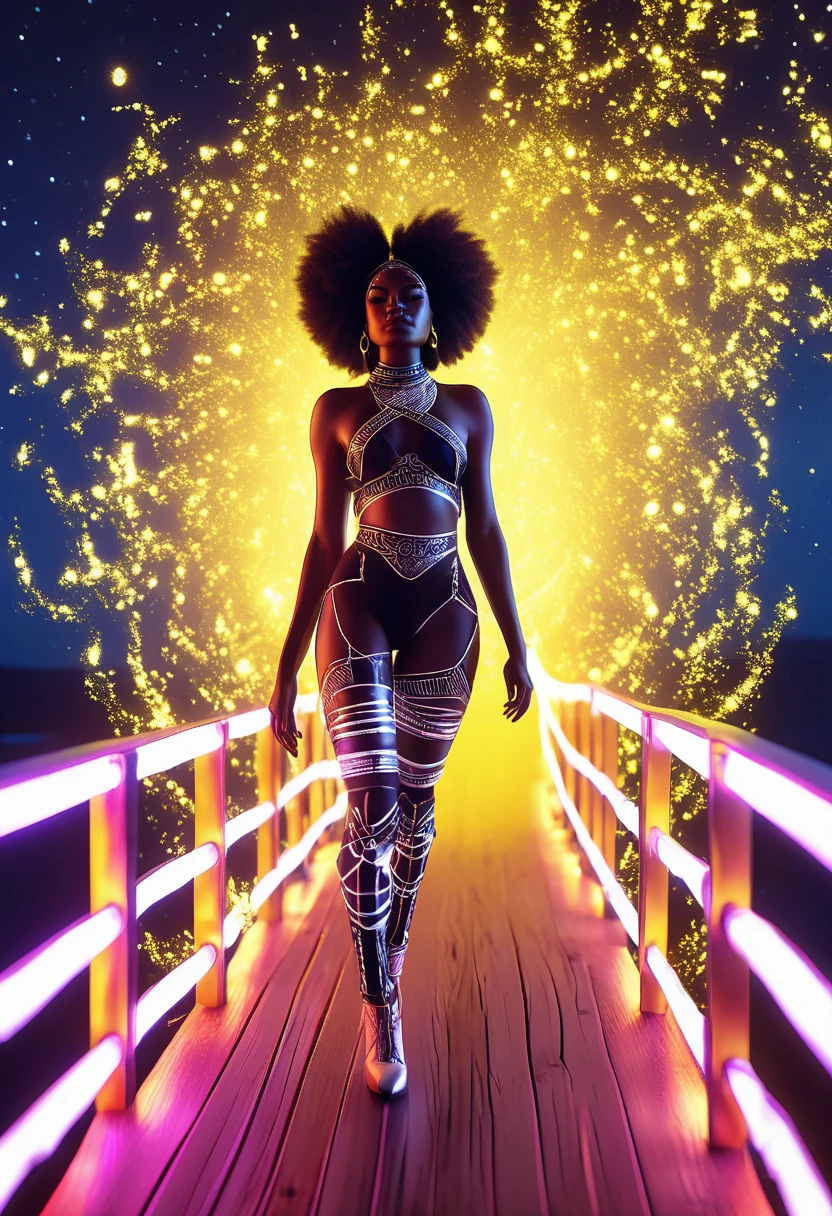 A black woman dressed in african designed cotton clothes and high heels, walking on a floating wooden bridge in outer space, bridge lit by yellow neon lights, the bridge connecting to a white planet portal, beautiful neon lit stars shining iridescent light particles in the scene, 32k, ultra HD,  unreal engine rendered, beautiful and vibrant scene. Cinematic film still, shot on v-raptor XL, film grain, vignette, color graded, post-processed, cinematic lighting, 35mm film, live-action, best quality, atmospheric, a masterpiece, epic, stunning, dramatic