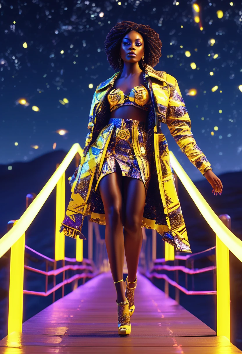 A black woman dressed in african designed cotton clothes and high heels, walking on a floating wooden bridge in outer space, bridge lit by yellow neon lights, the bridge connecting to a white planet portal, beautiful neon lit stars shining iridescent light particles in the scene, 32k, ultra HD,  unreal engine rendered, beautiful and vibrant scene. Cinematic film still, shot on v-raptor XL, film grain, vignette, color graded, post-processed, cinematic lighting, 35mm film, live-action, best quality, atmospheric, a masterpiece, epic, stunning, dramatic