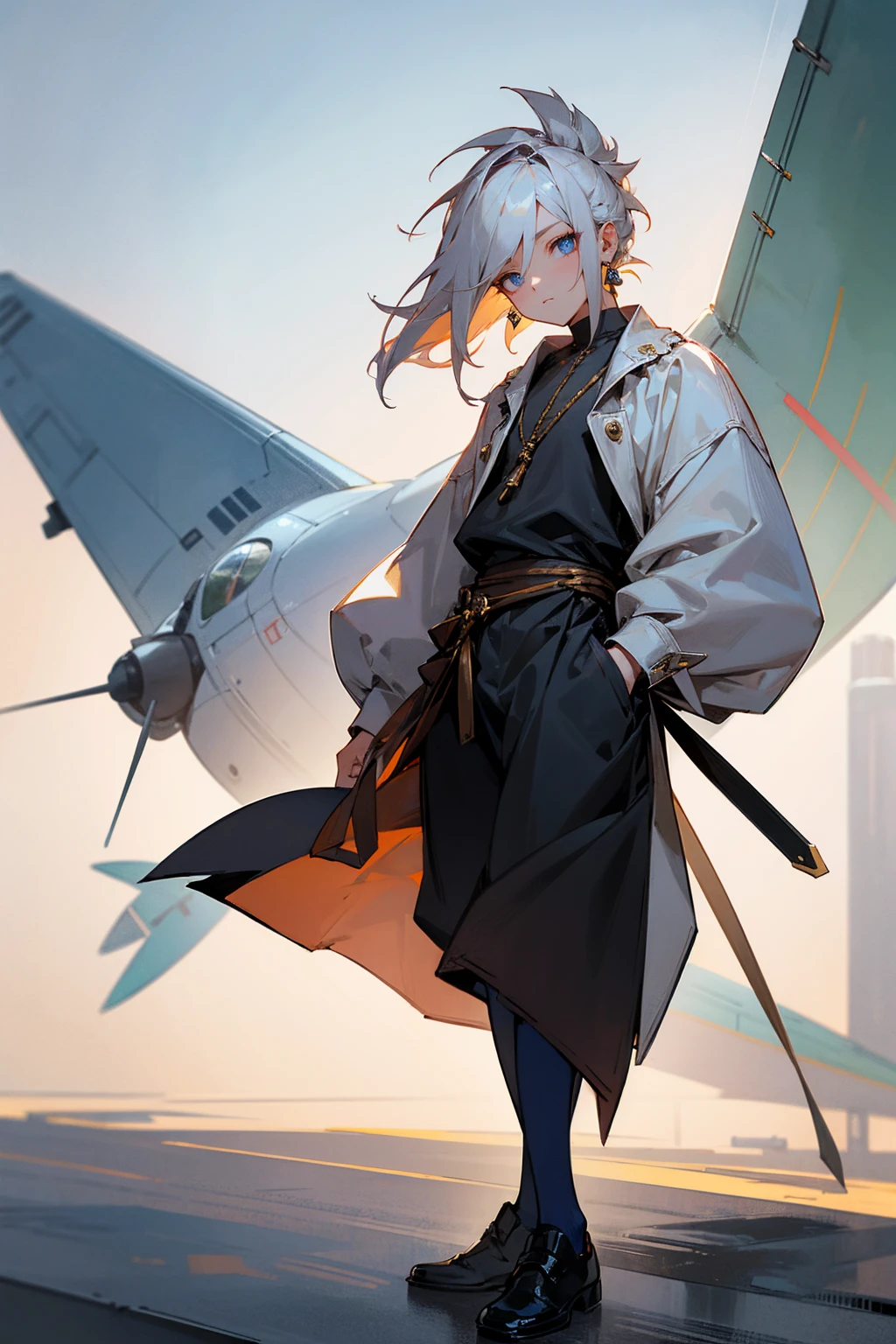 Masterpiece Quality, Perfect Generation, Sclera, Detailed Eyes, Skin, Hair, Muscular, Clothing, Calm Expression, , Plane Background, Full Body, Skin, , , , facing viewer, Standing , Clothed, , Eyes, hair, , hair, hair, , , U , Male, , ,, , street clothing, , middle aged, random color hair, random hair style, Random Eyes, Muscular, Earrings, Highlighted hair, Female, Dress