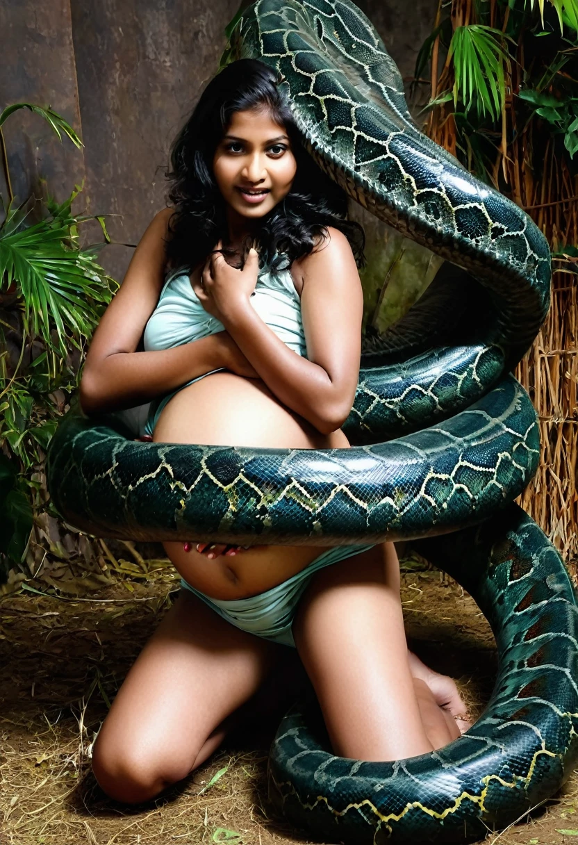 Pregnant Happy Horny, aroused 1girl), beautiful kneeling Indian young teen girl with giant colossal Kaa monster squeezing her hard, wrapped in thick spiraling coils, constricted, struggle, gasping for air, snake attack, snake peril,