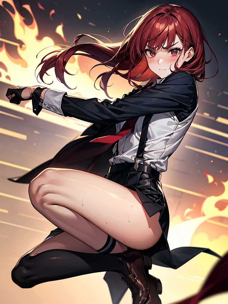 Dynamic composition,{{masterpiece}}, {{{Highest quality}}},{{Very detailed}},from side,{{{A mature woman attacks with fire magic}}},{{疲労でSweatをかいている成人女性}},Sweat,action,{{Blushing}},{{V-shaped eyebrows}},{{Long sleeve mini skirt uniform}},{{suspenders}},{{{Fight}},{Forward tilt},Raise your hand,Shoot flames from your hands ,{{Jump}},{{Eyelet foot}},,{{Magic Attack}},{{}},,Slender body}}{{Female police officer}},,,,suspenders ,Long sleeve mini skirt uniform, White High Socks,Black fingerless gloves, Long Red Hair, Red tie,Straight hair ,Blunt bangs,.amountn loafer,,blush,Wrinkles ,amount,,suffering,v-shaped eyebrows.,Sweat dripping,Medium chest ,get annoyed,