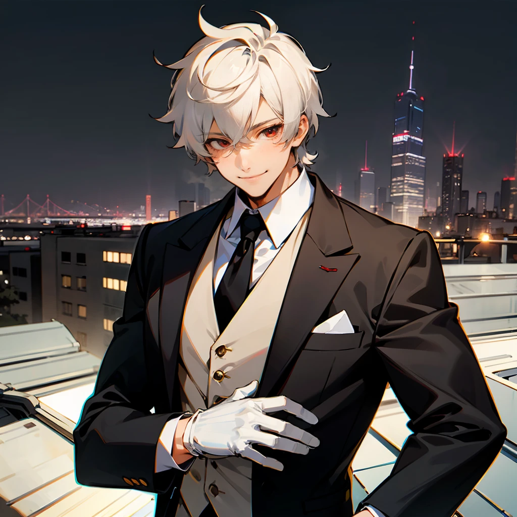 1male, White Hair, Grey Suit, Shaggy Hair, White Gloves, Formal Attire, Red Eyes, Smiling, Muscular, Adult Male, Rooftop, Looking at the Cityscape