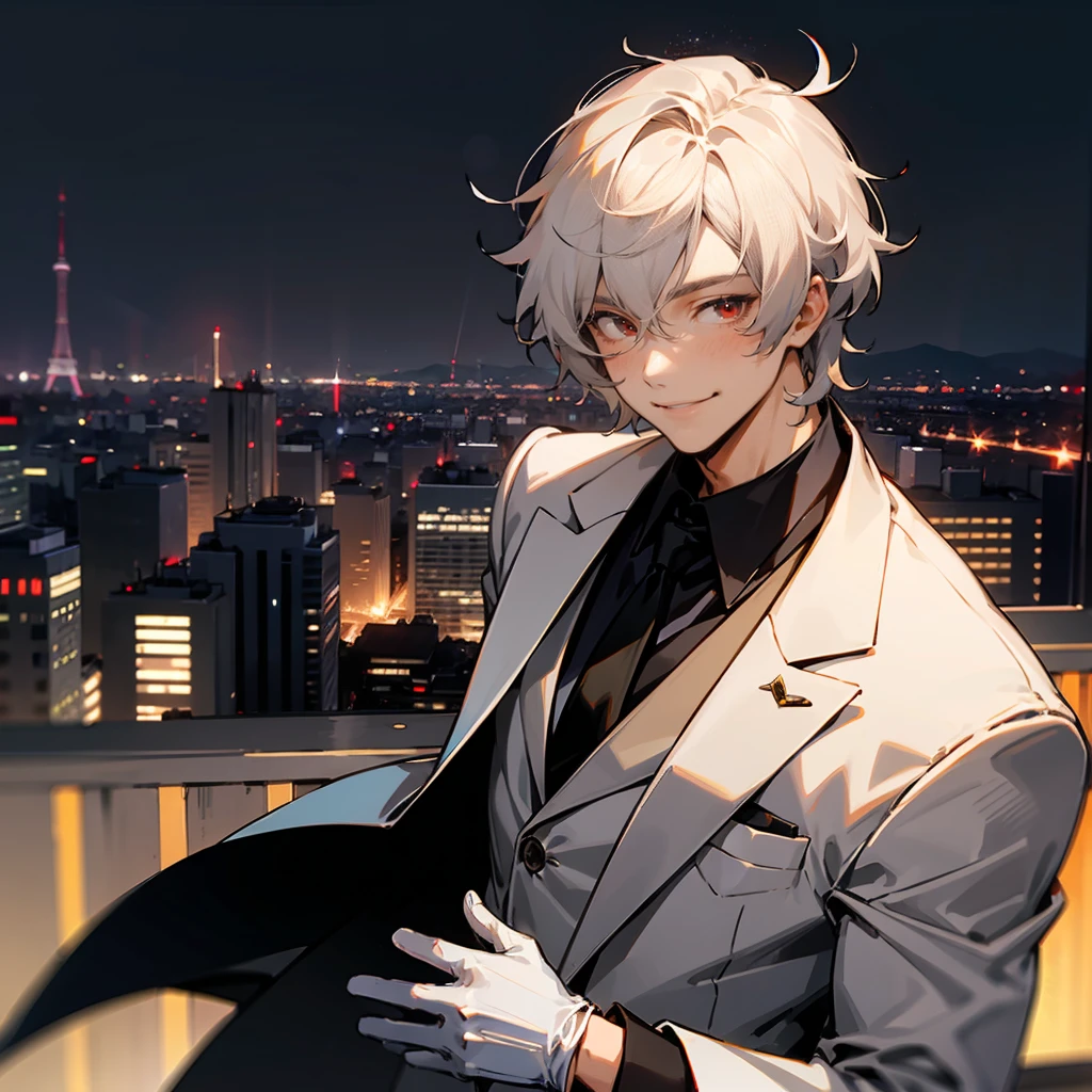 1male, White Hair, Grey Suit, Shaggy Hair, White Gloves, Formal Attire, Red Eyes, Smiling, Muscular, Adult Male, Rooftop, Looking at the Cityscape
