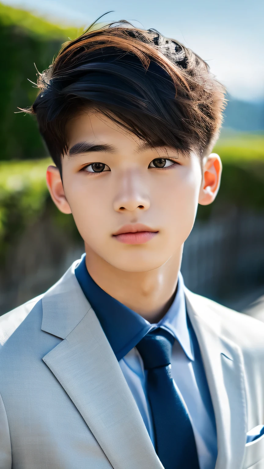 Highest quality, masterpiece, Ultra-high resolution, (Realistic: 1.4), Original photo, wallpaper, Head Photo, skin, Simple Background, Iris, detailed, Selfie, 1 boy, 18-year-old, good looking, Wind,suit、island