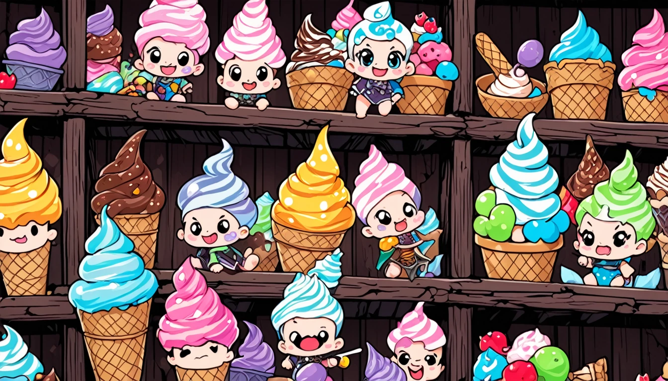 dark cellars, iron bars, a cute baby with evil smile, colorful soft serve ice cream, poorly drawn cartoon-style images, colorful patchwork of contrast magic, funny dark fantasy