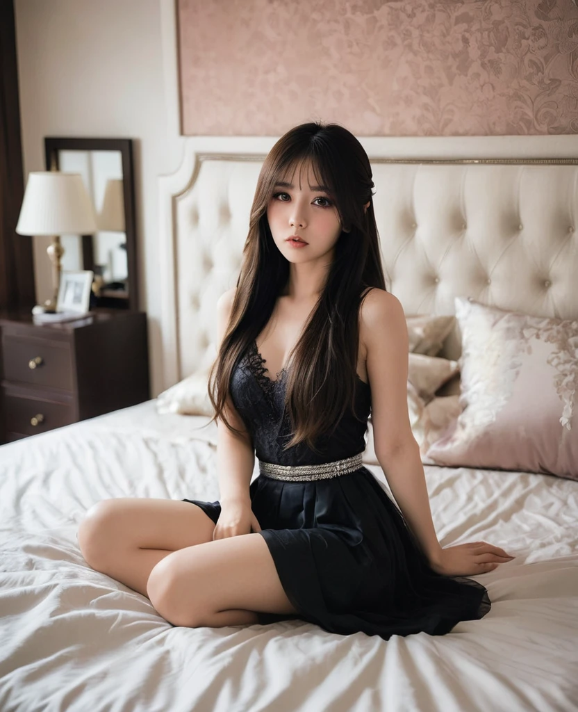 highres, ultra detailed, photorealistic, ((cinematic light)), darkness, at night, 1 beautiful Japanese woman, highly detailed beautiful face, straight hair, long black hair, shy, short-sleeved dress, lying on the bed, stylish room
