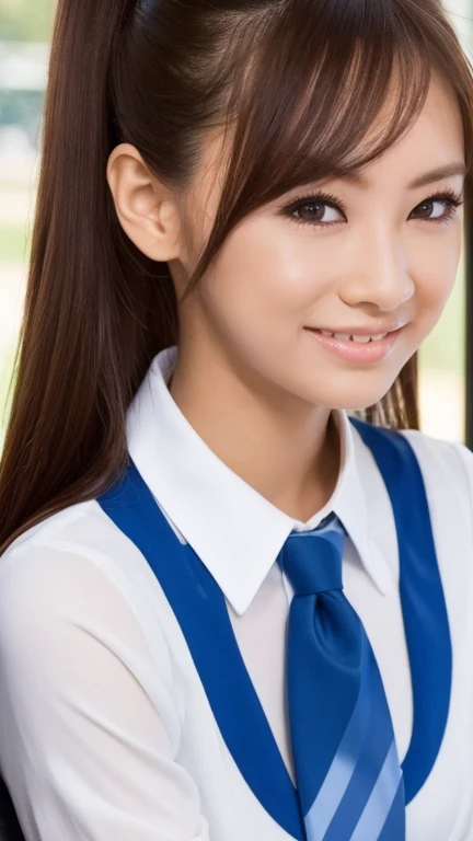 (Photoreal:1.4, 8K),((high Ponytail))、(ニップレス)、(びしょ濡れ)、(ツインテール)、 highest quality, masterpiece, ultra high resolution, perfect dynamic composition, (cinematic lens effects), (beautiful face), (brown hair:1.3, bangs, long hair), Highly detailed skin and facial textures:1.3, tanned skin:1.0, perfect proportions, Medium chest, shiny legs, Detail of limbs, Cute and sexy 18 year old high school girl, (completely enchants you:0.9), (school uniform:1.3, white shirt, blue tie, checked skirt), (gal makeup, eyeliner, lip gloss, Eyes that feel beautiful eros:0.85), sexy face:0.8, (beautiful eyes, thick lips, A taste of beautiful eroticism:0.85), (Too cute beauty:0.9), (classroom, machine, Chair, big window), (look at camera), (extreme close up:1.3), smile