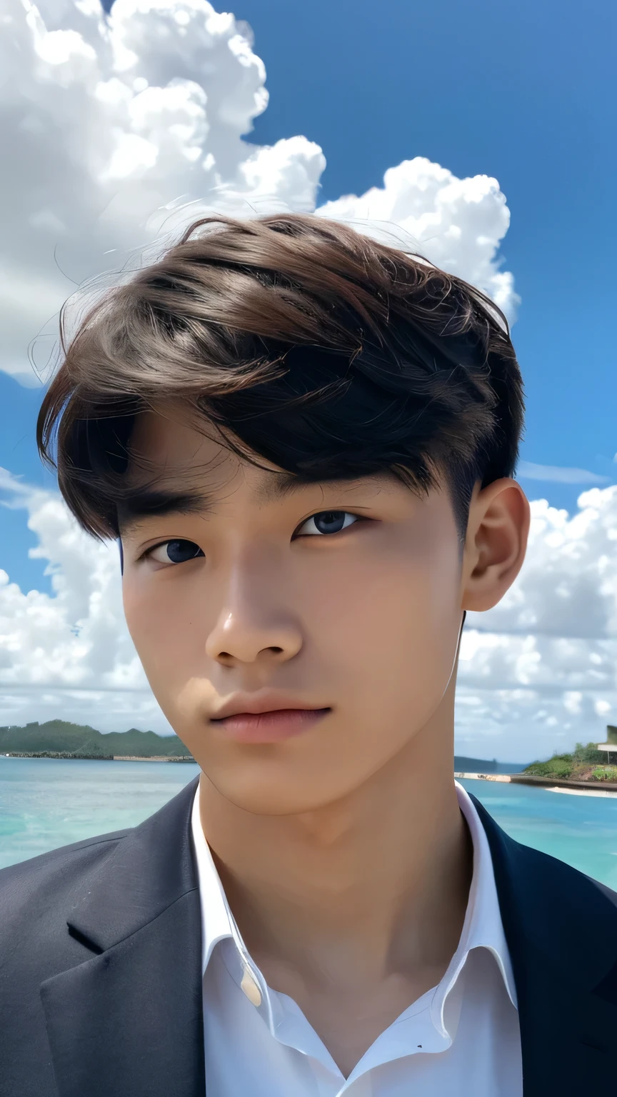 Highest quality, masterpiece, Ultra-high resolution, (Realistic: 1.4), Original photo, wallpaper, Head Photo, skin, Simple Background, Iris, detailed, Selfie, 1 boy, 18-year-old, good looking, Wind,suit、island