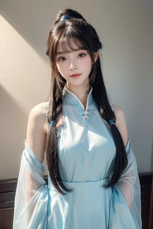 ((masterpiece、best quality))、shape、super detailed、8k、actual、sharp focus、Very detailed、professional lighting、spotlight、Colorful details、Detailed texture，A stunningly beautiful girl，Wearing a transparent hanfu，(most suitable hairstyle:1.4)、(in the most helpful way:1.3)、(Half-length photo:1.4)、big breasts、perfect style、Body、18 years old、Smile、