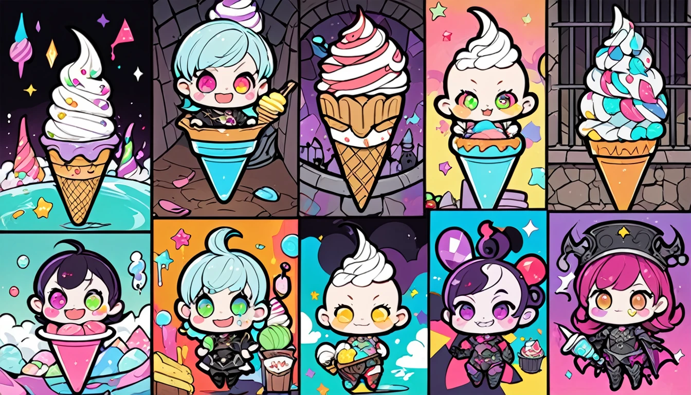 dark cellars, iron bars, a cute baby with evil smile, colorful soft serve ice cream, poorly drawn cartoon-style images, colorful patchwork of contrast magic, funny dark fantasy