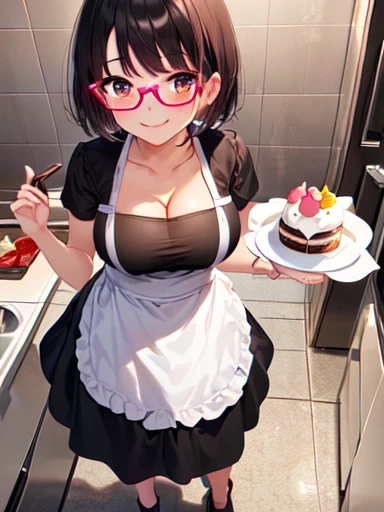 (masterpiece), best quality, very skinny, black hair, short hair, red glasses, brown eyes, medium breasts, deep cleavage, cute face, watching the camera, cooking a chocolate cake, pink kitchen, cute pink apron, forced smile, full body, jigglypuff plush head