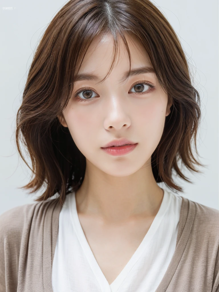 Light grey short sleeve dress、Put a cardigan over your shoulders、Tabletop、(White wall in the background)、In front of a white wall、((Highest quality、8k、masterpiece:1.3))、Ultra-high resolution、(photoGenuineistic:1.4)、RAW Photos、30-year-old woman、Japanese,(face)、Genuine、Photographed in natural light、Highly detailed face and skin texture、Highly detailed lips、The correct state of the human body、Bob、Bobヘア、Bobカット、Fluffy hair、Brown Hair、short hair、Mr..々Pause、Natural color lip、Fluffy hair