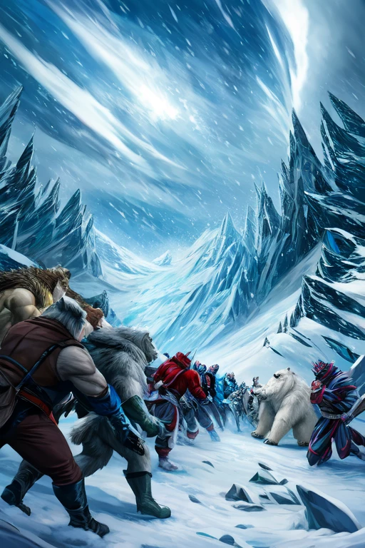 (((There is a group of forty-nine polar bears in this image, just white fur, furious, Sauvage, aggressive, extinto  Sauvage ))) 49 Polar bear stands looking at the sky Medium muscular, frozen planet setting, snowstorm , zoomed in on crotch, , chunie, darkgem, martepiece, dynamic photography.masterpiece, dynamic photography, Film image, cena de batalha.