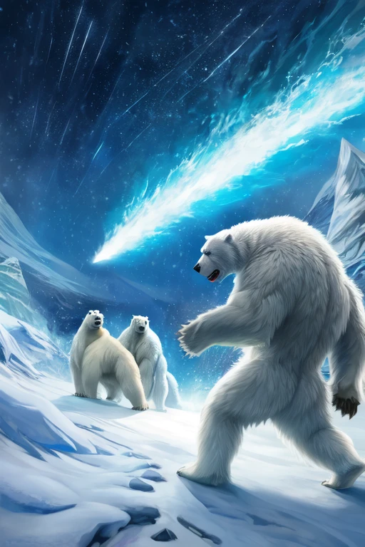 (((There is a group of forty-nine polar bears in this image, just white fur, furious, Sauvage, aggressive, extinto  Sauvage ))) 49 Polar bear stands looking at the sky Medium muscular, frozen planet setting, snowstorm , zoomed in on crotch, , chunie, darkgem, martepiece, dynamic photography.masterpiece, dynamic photography, Film image, cena de batalha.