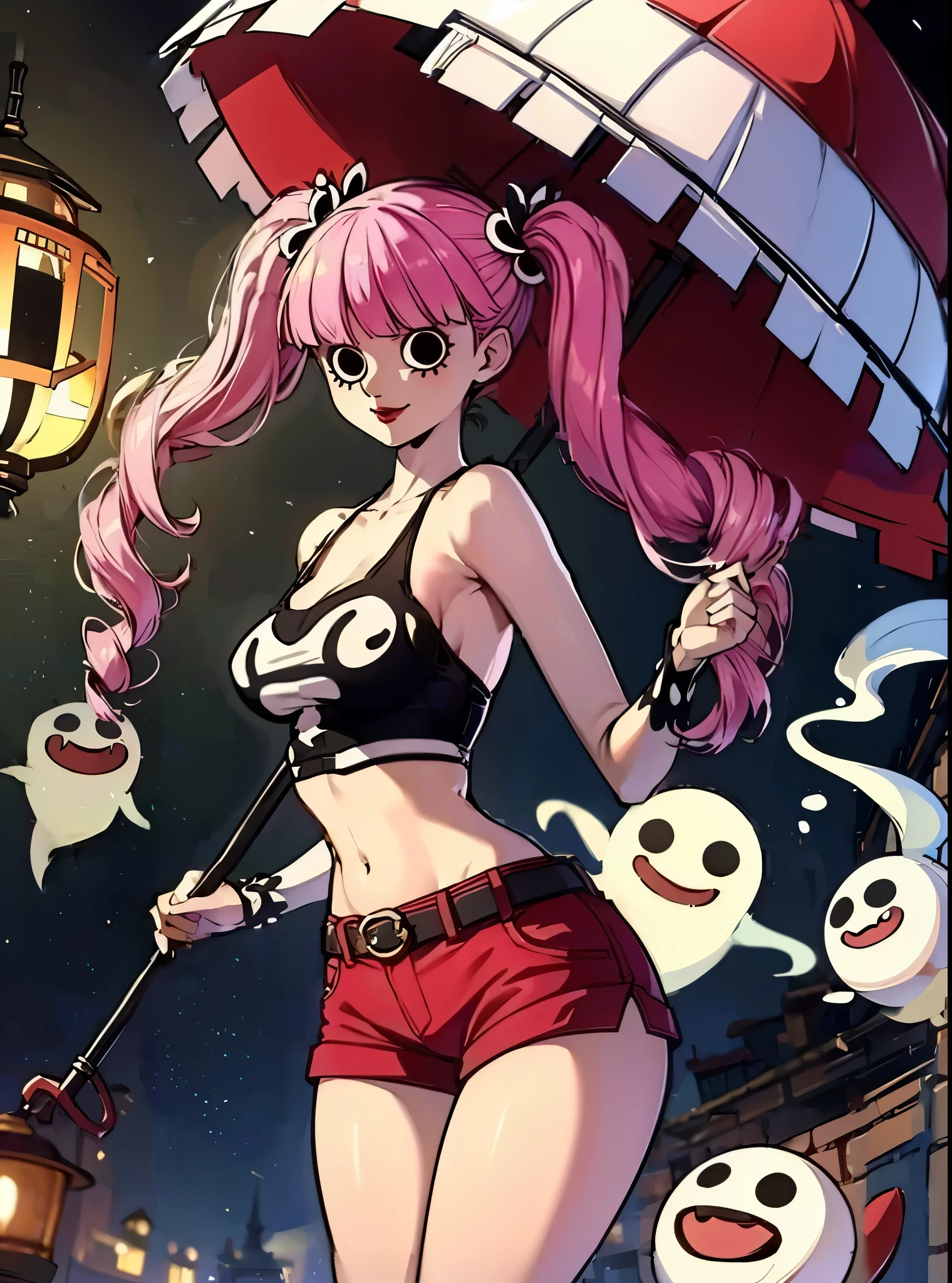 masterpiece, high res, beautiful art, professional artist, 8k , Ultra detailed backgrounds, Delicate pattern, Intricate High Details, highly detailed, finedetail, Best quality, Beautiful lighting, small breasts, lean girl, Very thin girl, Perona, 1girl, solo, circle-shaped eyes, black eyes, red lips, red boots, midriff, twintails, twin drills, pink hair, black shorts with red belt, black tank top, perfect antomy, black and white striped golf, standing cross-legged, castle background, vintage lanterns in the background, white ghosts flying around with a sweet smile, one hand hold an umbrella, Perona hold umbrella, only one hand holds the umbrella handle, and it goes straight into the middle of the umbrella